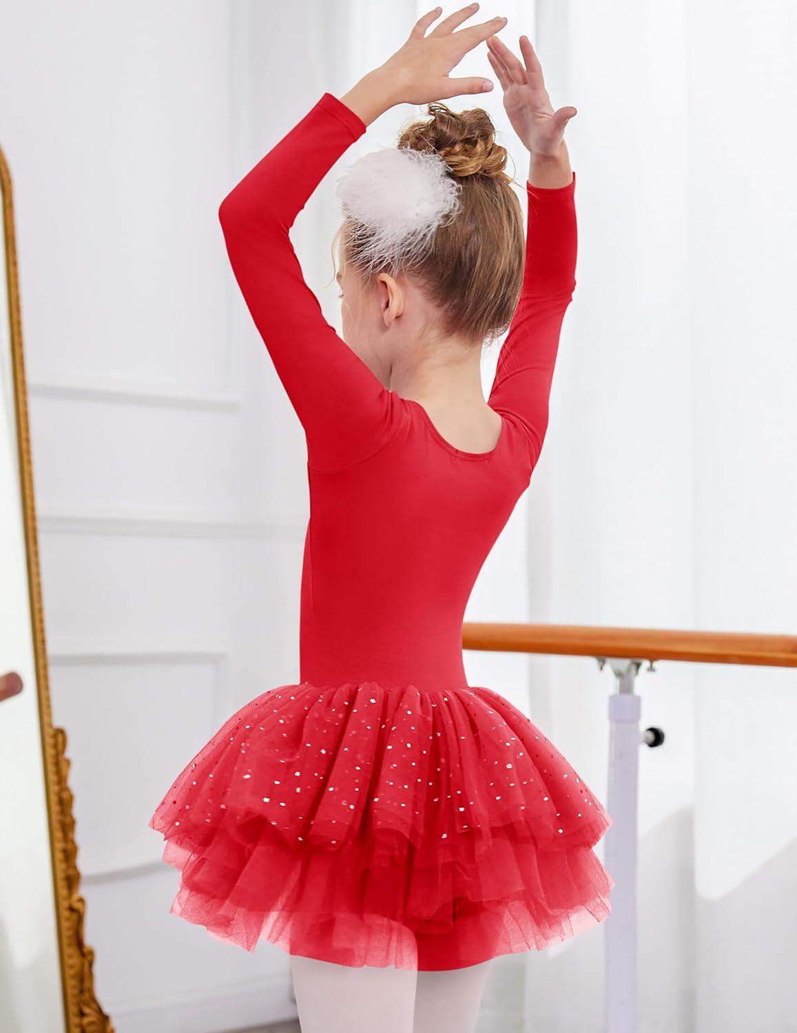 imageZaclotre Girls Ballet Leotards 4Layers Tiered Long Sleeve Dance Tutu Dresses Party Costumes for BallerinaRed