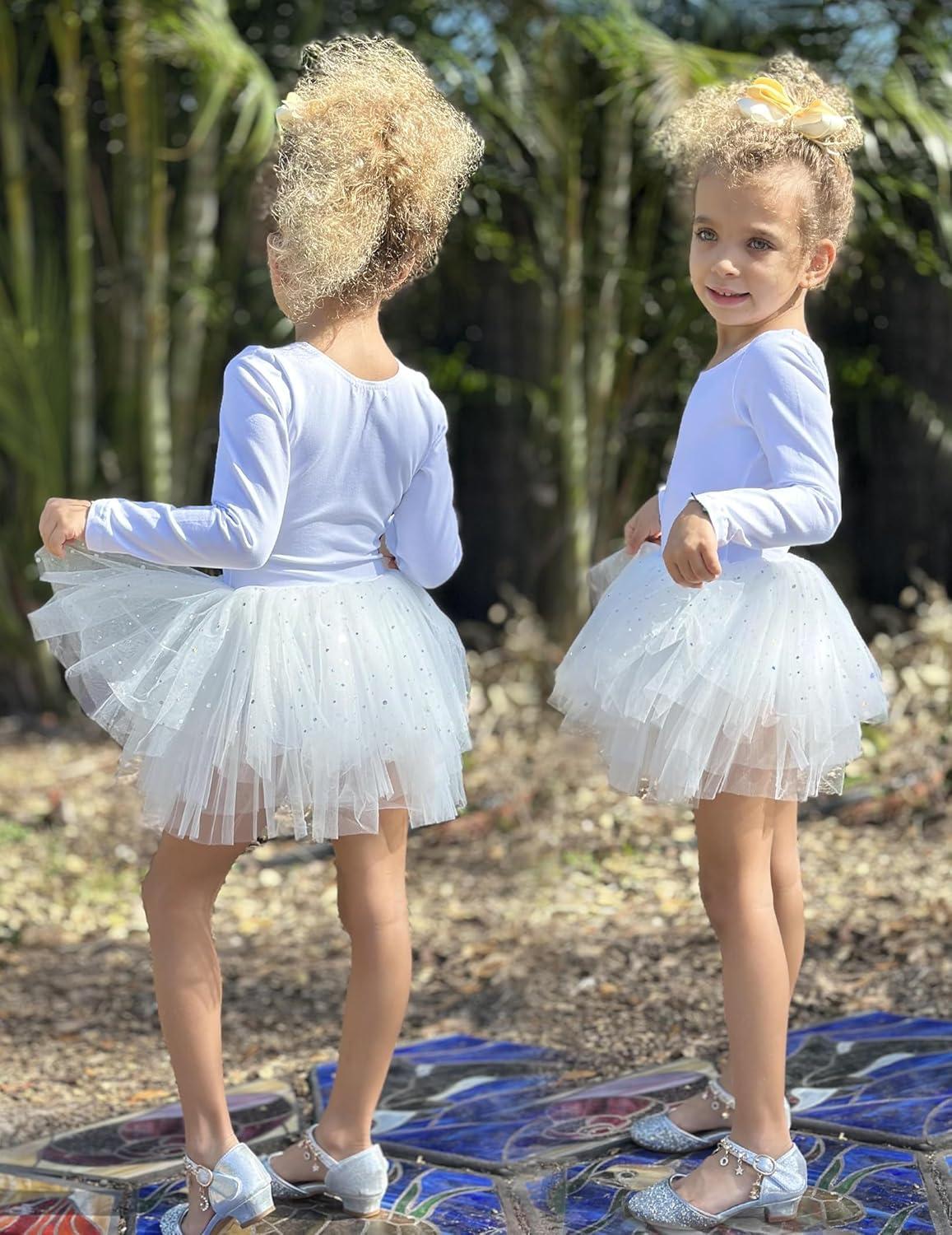 imageZaclotre Girls Ballet Leotards 4Layers Tiered Long Sleeve Dance Tutu Dresses Party Costumes for BallerinaWhite