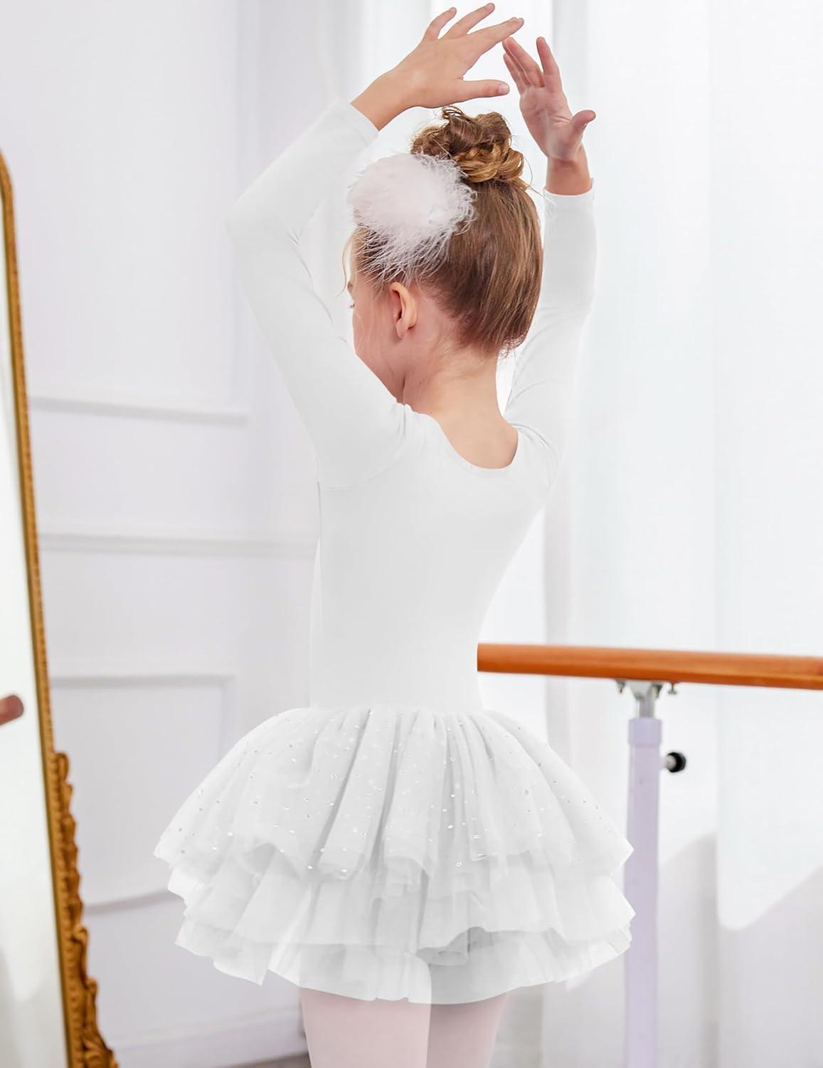 imageZaclotre Girls Ballet Leotards 4Layers Tiered Long Sleeve Dance Tutu Dresses Party Costumes for BallerinaWhite