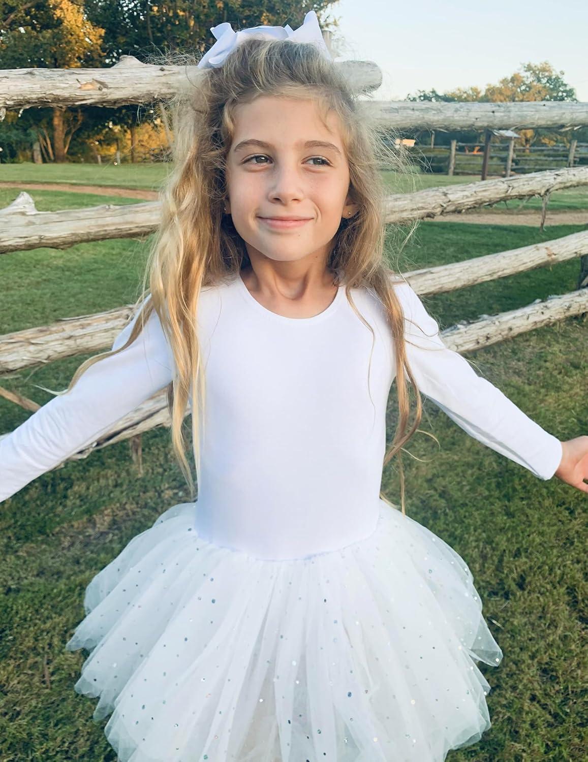 imageZaclotre Girls Ballet Leotards 4Layers Tiered Long Sleeve Dance Tutu Dresses Party Costumes for BallerinaWhite