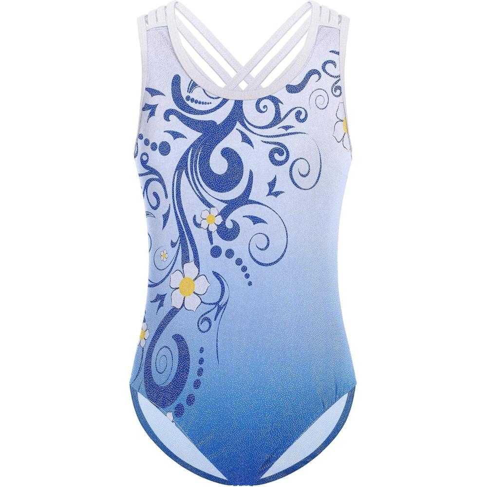 imageZaclotre Ballet Leotard for Girls Crisscross Straps Gymnastic Outfits Hollow Back Dance LeotardsBlue Flower
