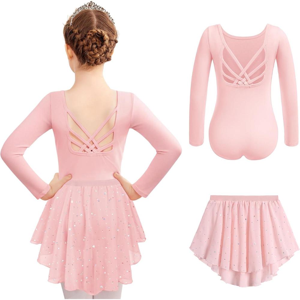 imageZaclotre Ballet Leotards for Girls Long Sleeve Crisscross Back Dance Outfit with Removable Shiny Skirt Leotard ComboBallet Pink