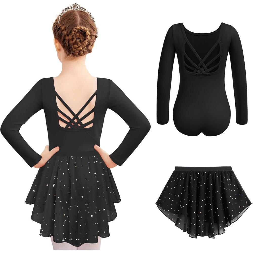 imageZaclotre Ballet Leotards for Girls Long Sleeve Crisscross Back Dance Outfit with Removable Shiny Skirt Leotard ComboBlack