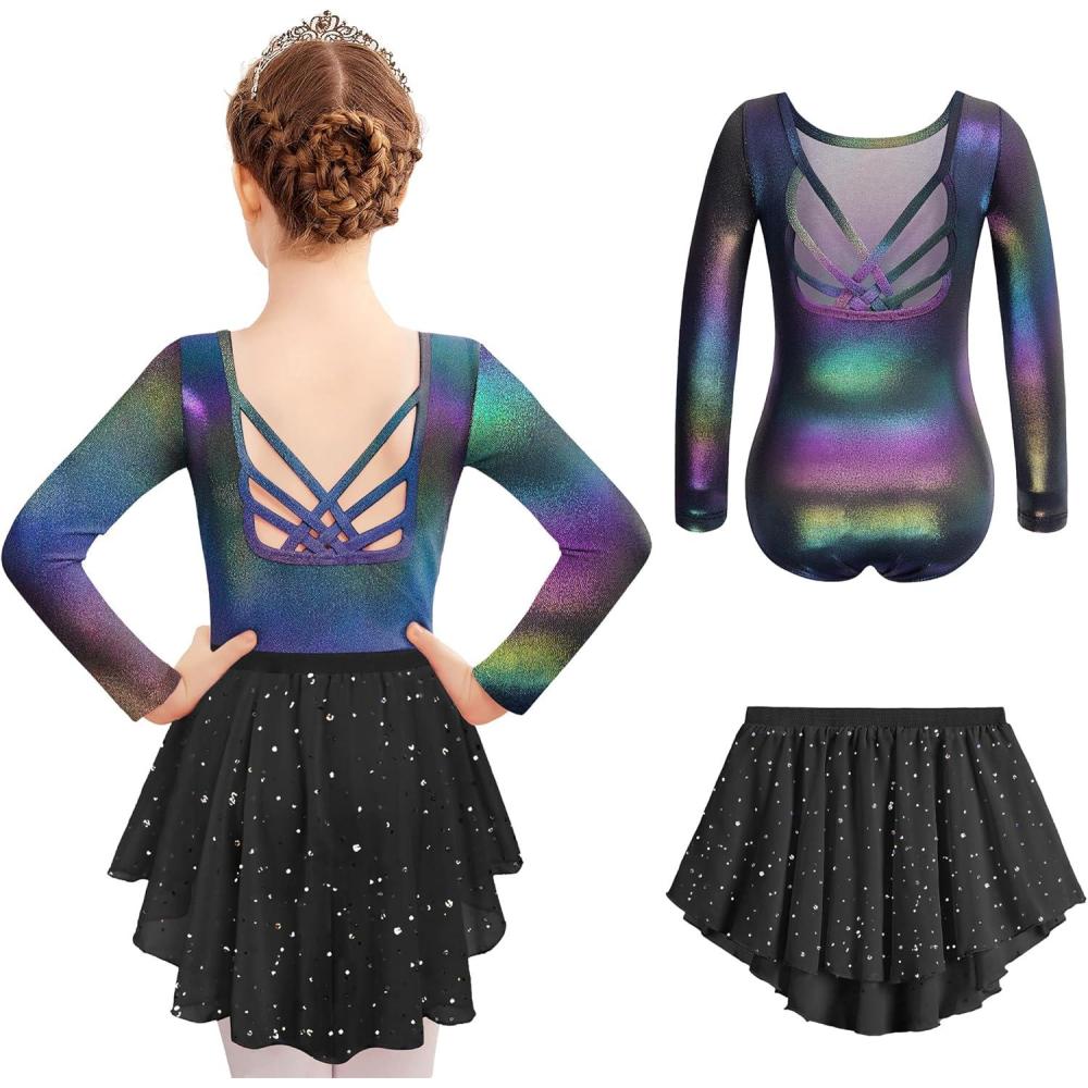imageZaclotre Ballet Leotards for Girls Long Sleeve Crisscross Back Dance Outfit with Removable Shiny Skirt Leotard ComboBlack Gradient