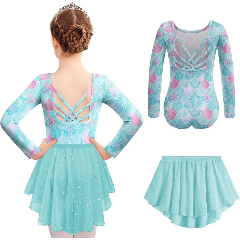 imageZaclotre Ballet Leotards for Girls Long Sleeve Crisscross Back Dance Outfit with Removable Shiny Skirt Leotard ComboBlue Mermaid