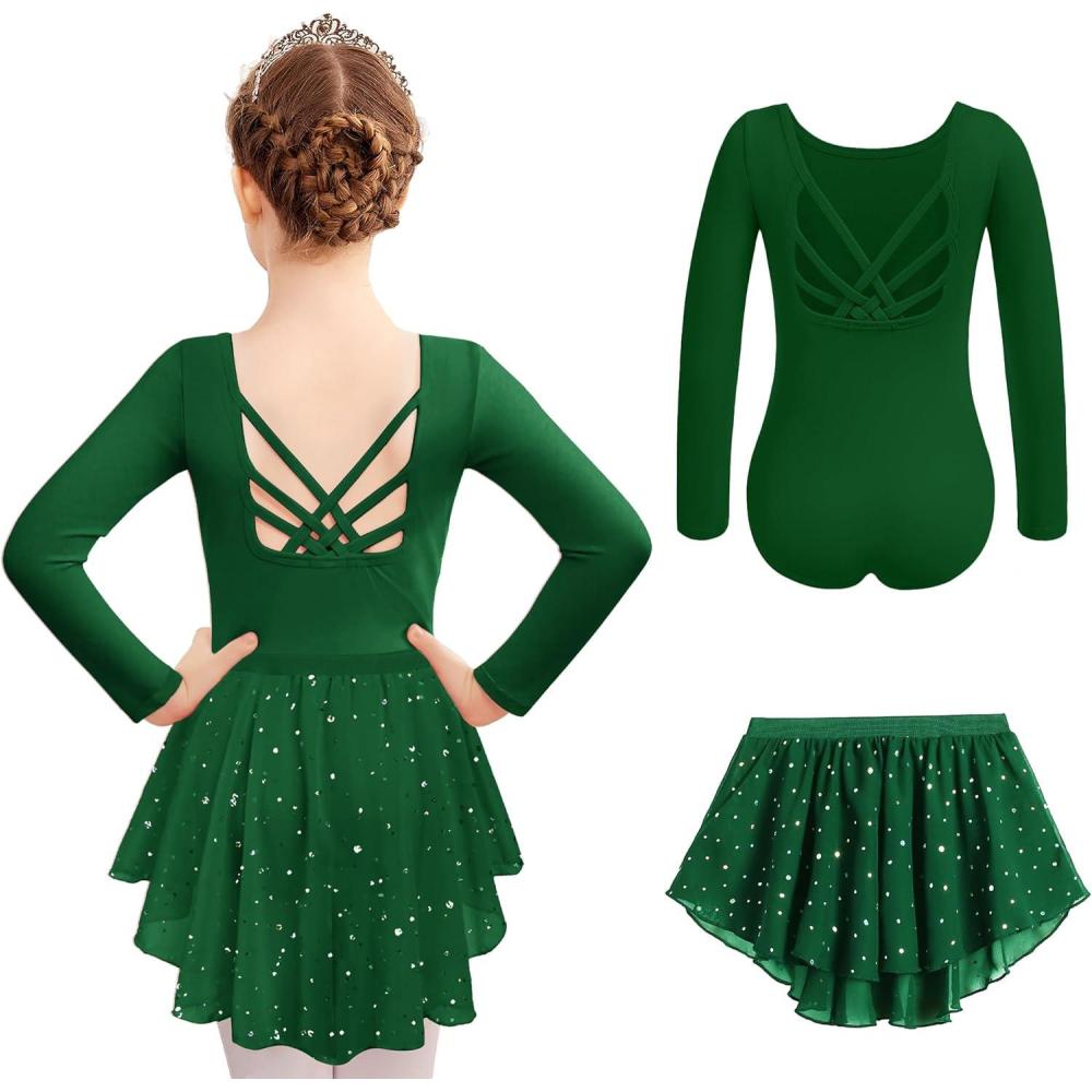 imageZaclotre Ballet Leotards for Girls Long Sleeve Crisscross Back Dance Outfit with Removable Shiny Skirt Leotard ComboDark Green