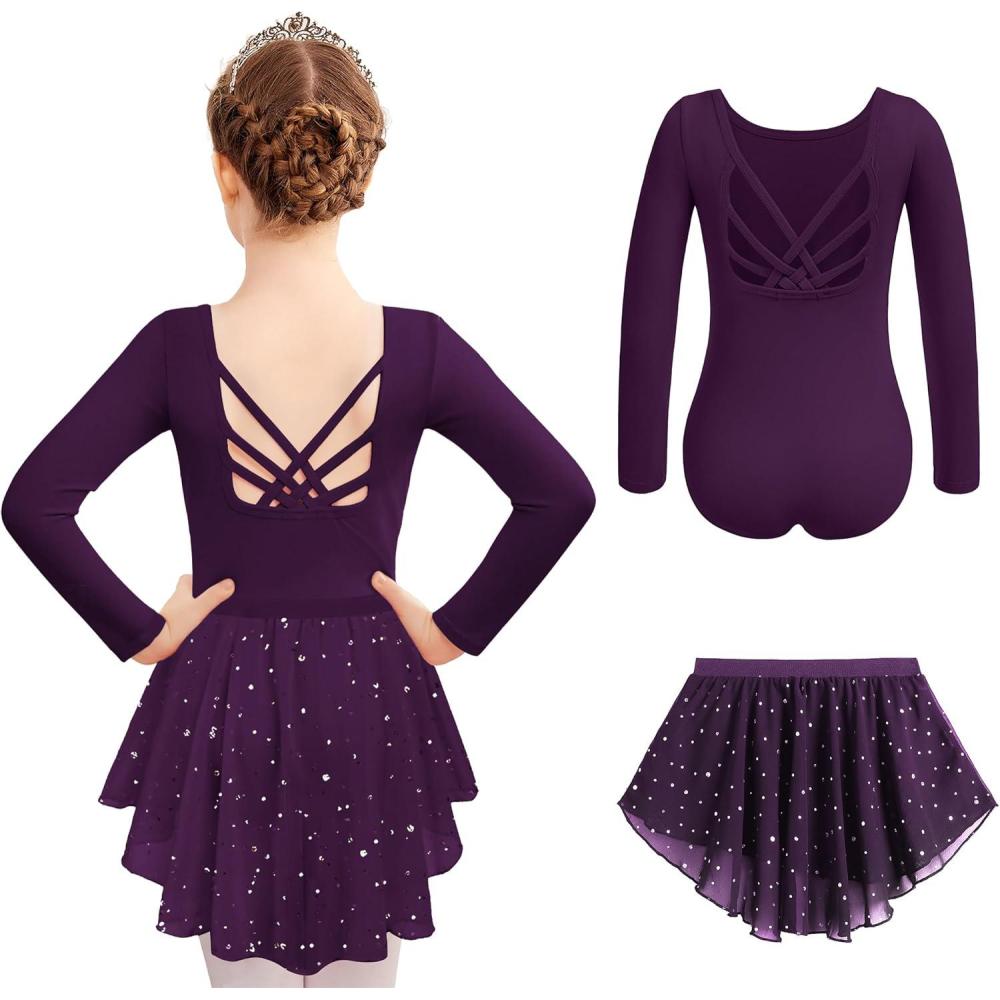 imageZaclotre Ballet Leotards for Girls Long Sleeve Crisscross Back Dance Outfit with Removable Shiny Skirt Leotard ComboDark Purple