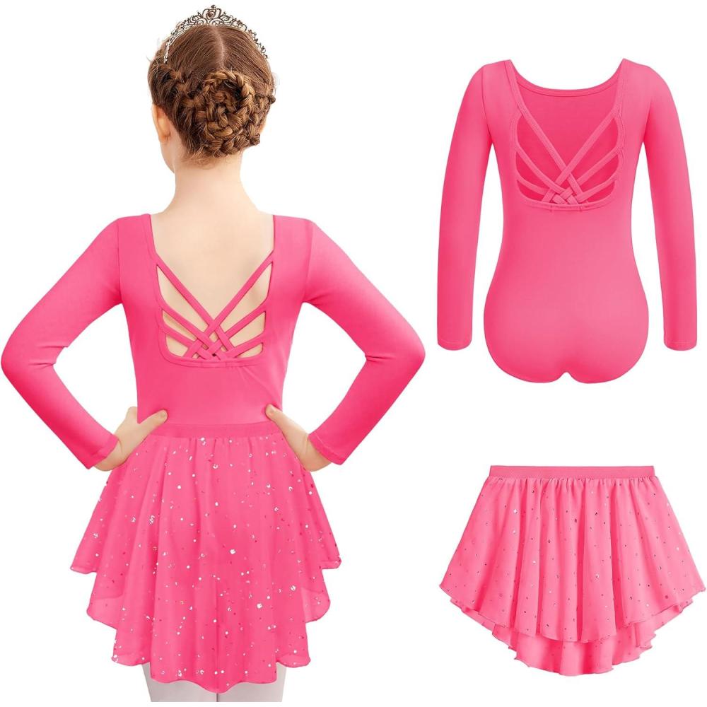 imageZaclotre Ballet Leotards for Girls Long Sleeve Crisscross Back Dance Outfit with Removable Shiny Skirt Leotard ComboHot Pink