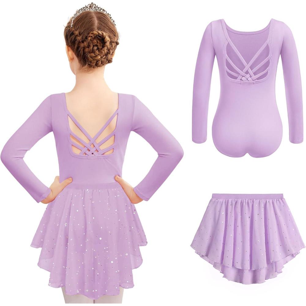 imageZaclotre Ballet Leotards for Girls Long Sleeve Crisscross Back Dance Outfit with Removable Shiny Skirt Leotard ComboLilac