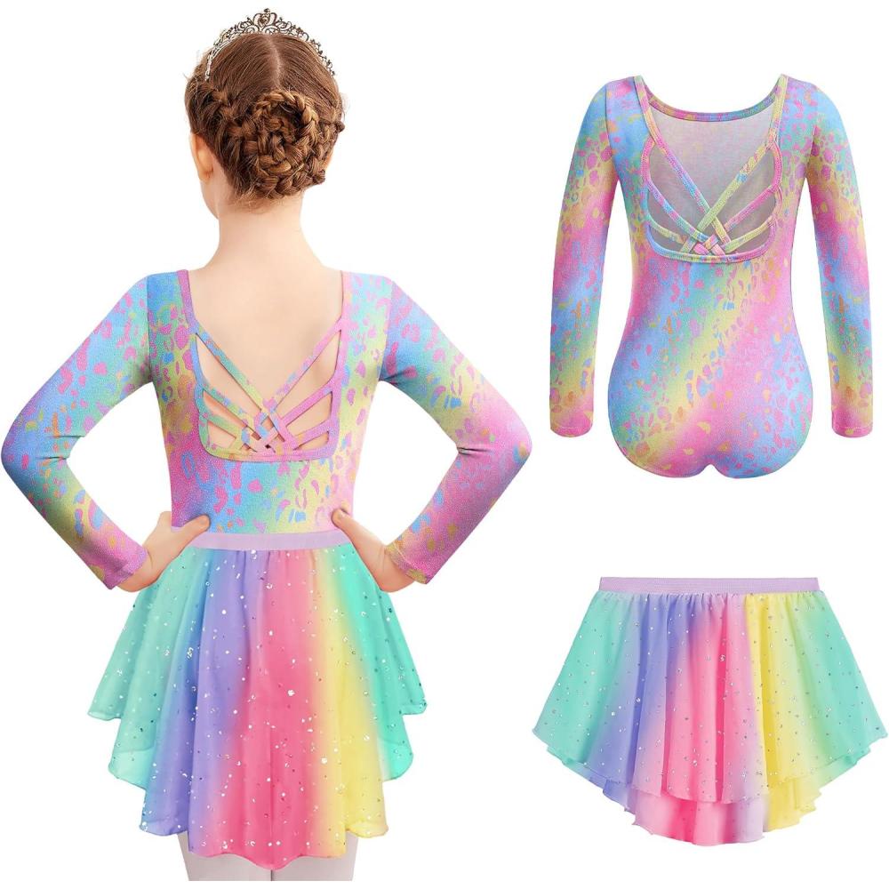 imageZaclotre Ballet Leotards for Girls Long Sleeve Crisscross Back Dance Outfit with Removable Shiny Skirt Leotard ComboRainbow Leopard