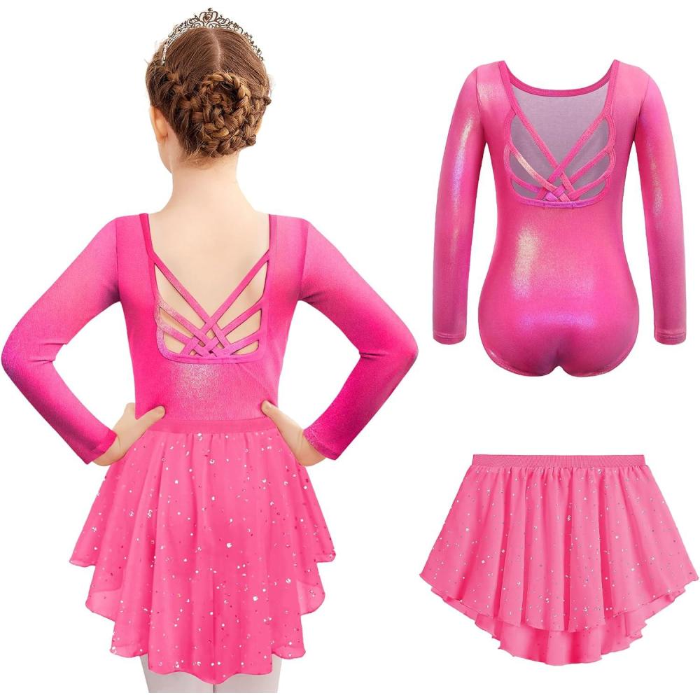 imageZaclotre Ballet Leotards for Girls Long Sleeve Crisscross Back Dance Outfit with Removable Shiny Skirt Leotard ComboShiny Pink