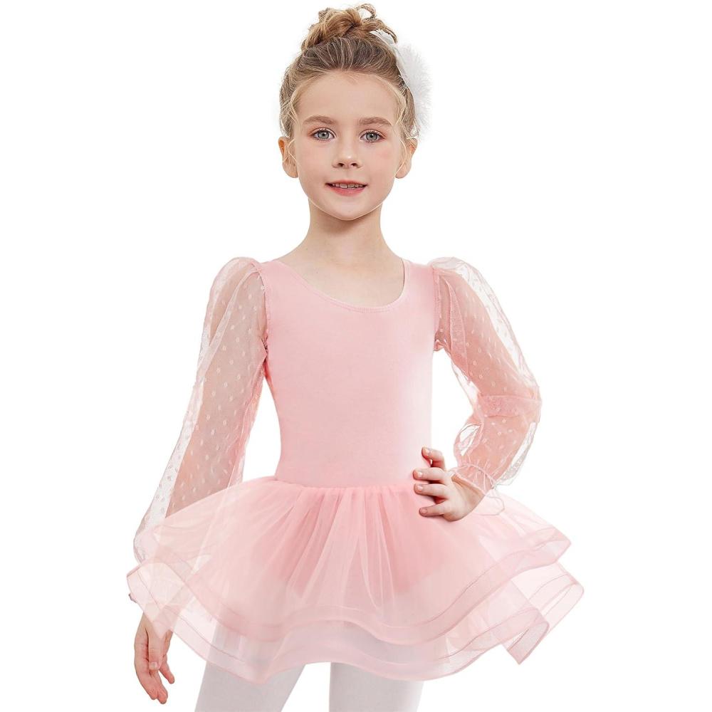imageZaclotre Ballet Leotards for Girls Mesh Long Sleeve Toddler Tutu Dress Dance Outfit Ballerina CostumeBallet Pink