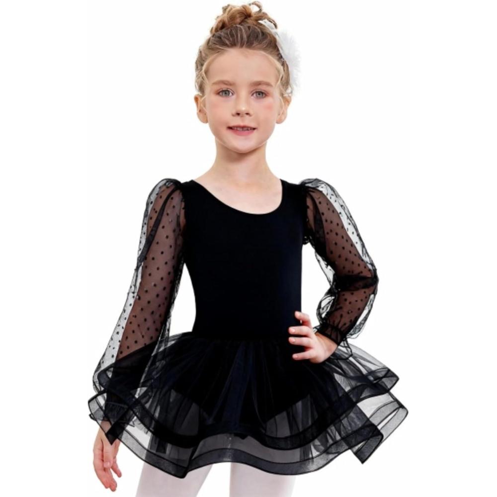 imageZaclotre Ballet Leotards for Girls Mesh Long Sleeve Toddler Tutu Dress Dance Outfit Ballerina CostumeBlack
