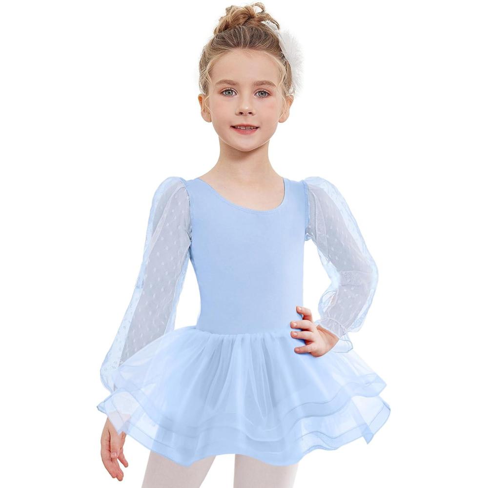 imageZaclotre Ballet Leotards for Girls Mesh Long Sleeve Toddler Tutu Dress Dance Outfit Ballerina CostumeBlue