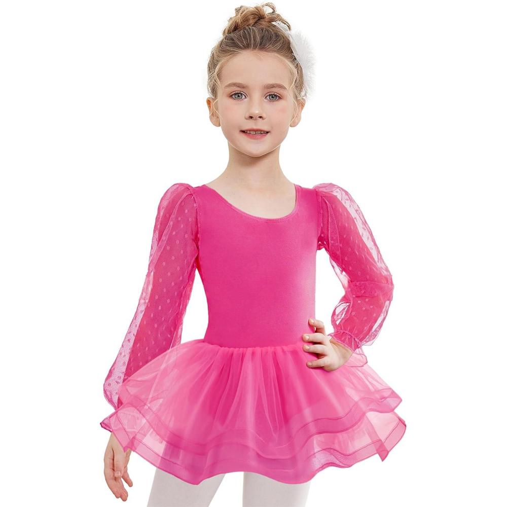 imageZaclotre Ballet Leotards for Girls Mesh Long Sleeve Toddler Tutu Dress Dance Outfit Ballerina CostumeHot Pink