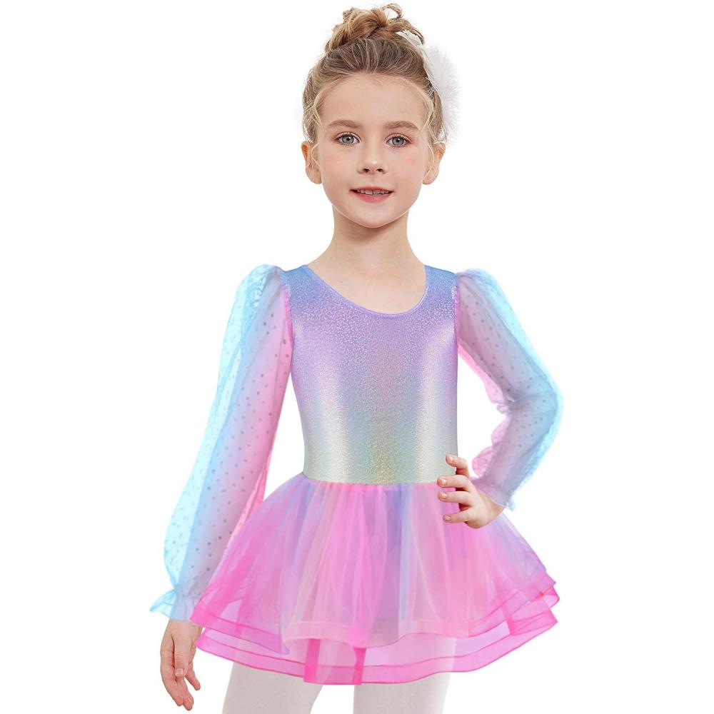 imageZaclotre Ballet Leotards for Girls Mesh Long Sleeve Toddler Tutu Dress Dance Outfit Ballerina CostumeRainbow