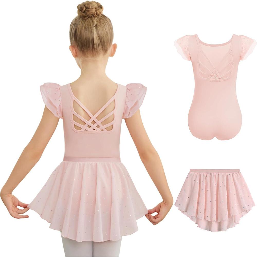 imageZaclotre Ballet Leotards for Girls Toddler Ruffle Sleeve Crisscross Back Dance Dress Outfit with Removable Skirt ComboBallet Pink