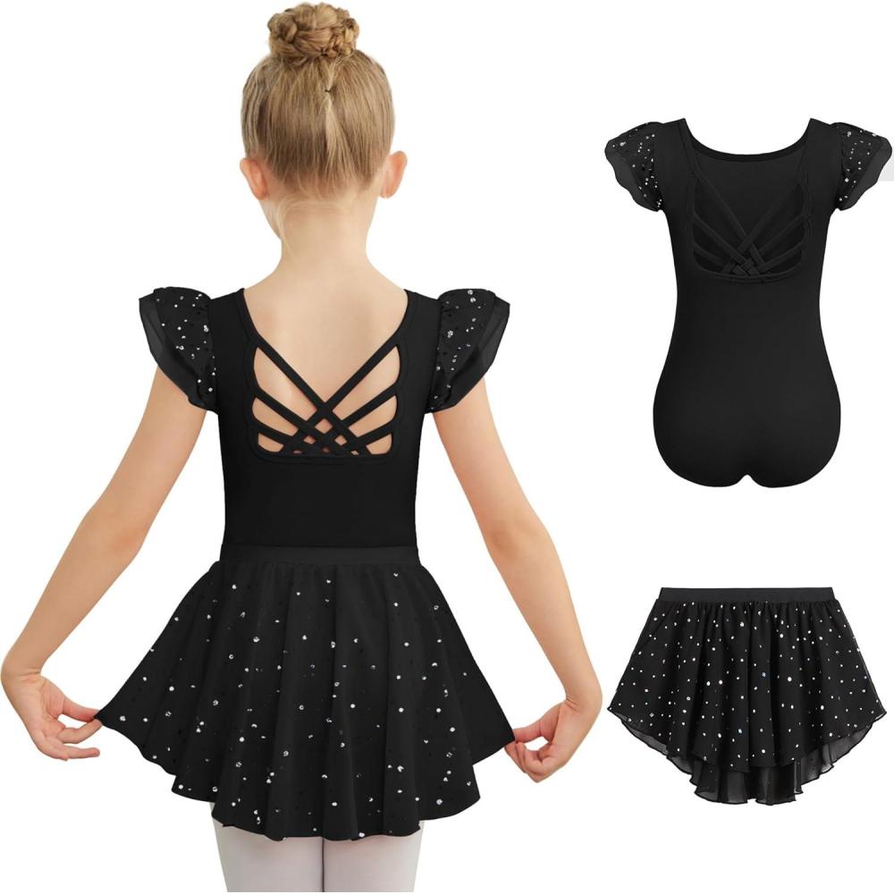 imageZaclotre Ballet Leotards for Girls Toddler Ruffle Sleeve Crisscross Back Dance Dress Outfit with Removable Skirt ComboBlack