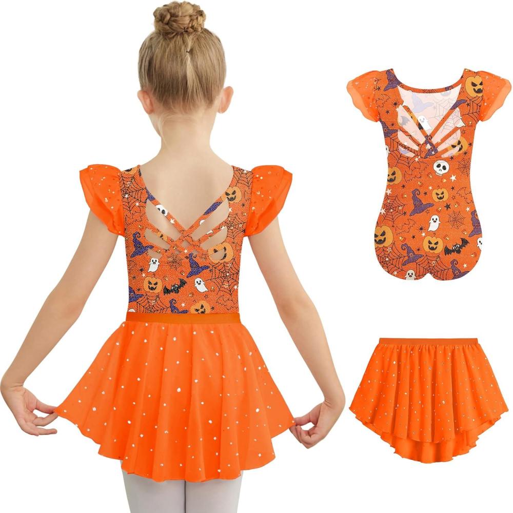 imageZaclotre Ballet Leotards for Girls Toddler Ruffle Sleeve Crisscross Back Dance Dress Outfit with Removable Skirt ComboHalloween