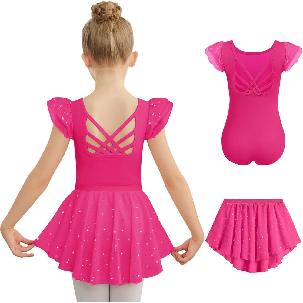 imageZaclotre Ballet Leotards for Girls Toddler Ruffle Sleeve Crisscross Back Dance Dress Outfit with Removable Skirt ComboHot Pink