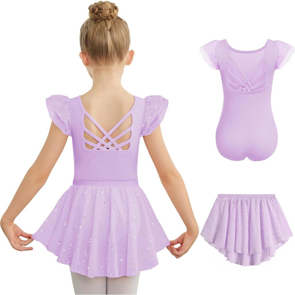 imageZaclotre Ballet Leotards for Girls Toddler Ruffle Sleeve Crisscross Back Dance Dress Outfit with Removable Skirt ComboLilac