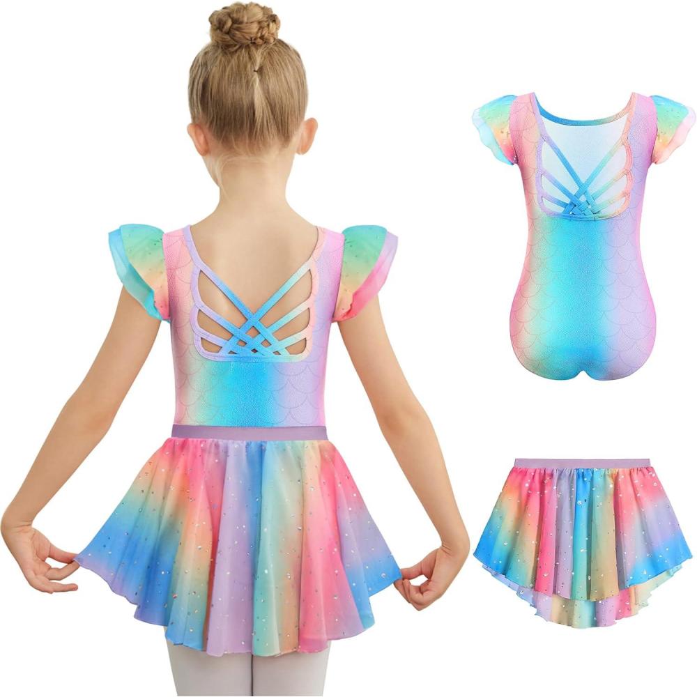 imageZaclotre Ballet Leotards for Girls Toddler Ruffle Sleeve Crisscross Back Dance Dress Outfit with Removable Skirt ComboRainbow Mermaid