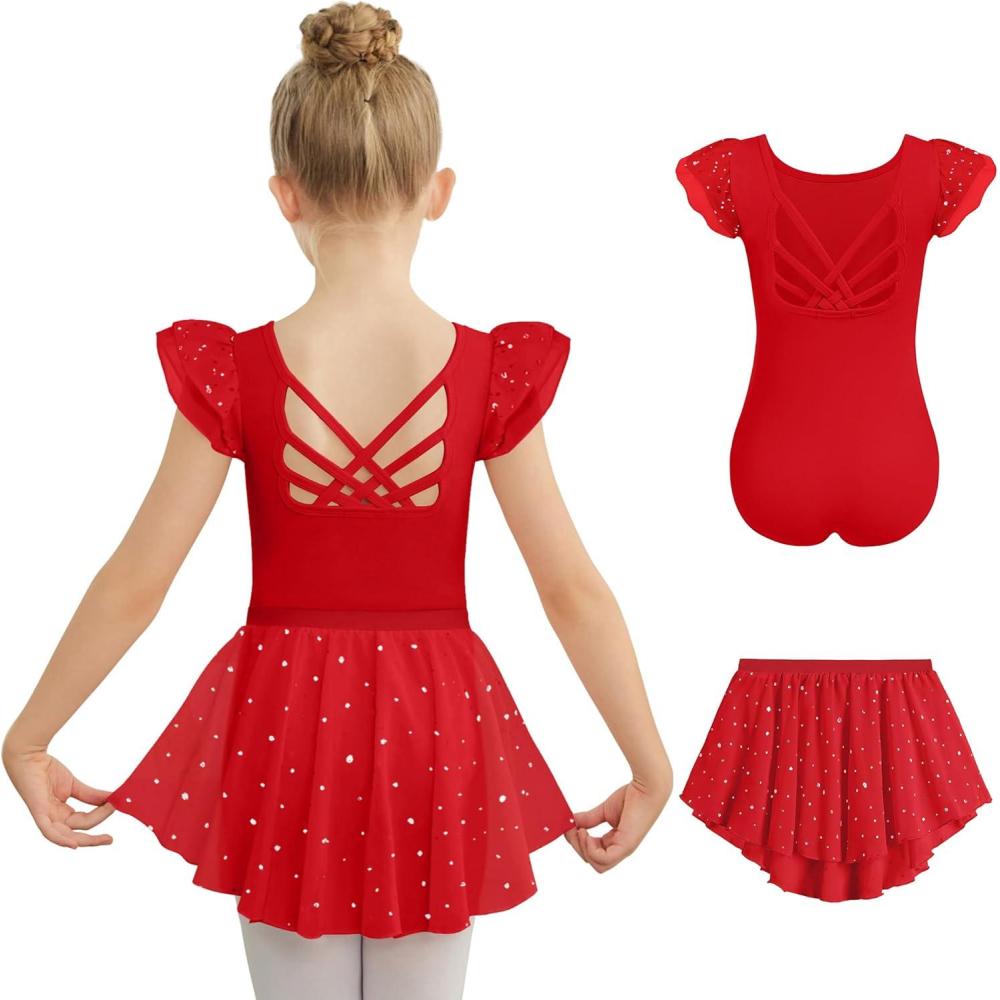 imageZaclotre Ballet Leotards for Girls Toddler Ruffle Sleeve Crisscross Back Dance Dress Outfit with Removable Skirt ComboRed