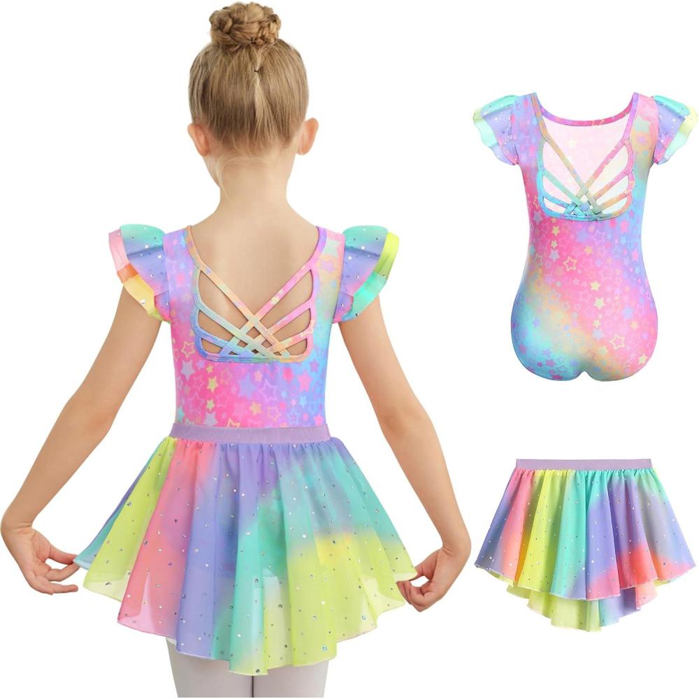 imageZaclotre Ballet Leotards for Girls Toddler Ruffle Sleeve Crisscross Back Dance Dress Outfit with Removable Skirt ComboShiny Rainbow