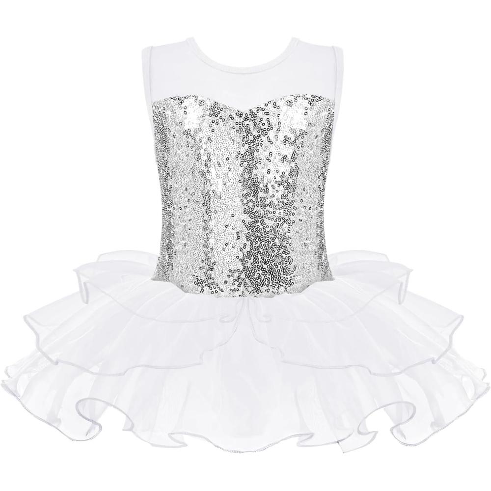 imageZaclotre Ballet Leotards for Girls Toddler Sequin Sleevesless Mesh Tutu Dress Ballerina Dance OutfitsWhite