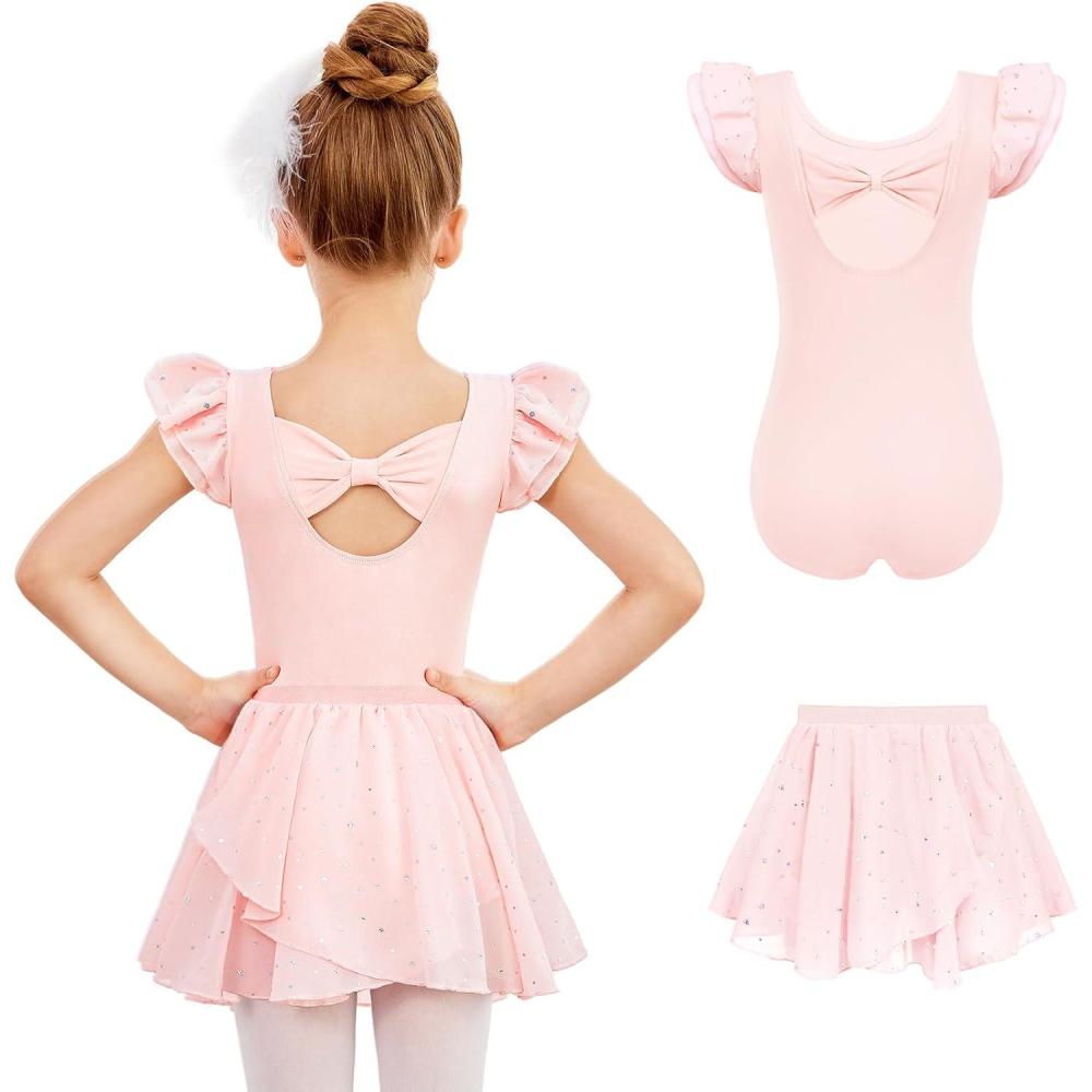 imageZaclotre Ballet Leotards for Girls with Removable Skirt Toddler Ruffle Sleeve Bow Back Dance Dress ComboBallet Pink