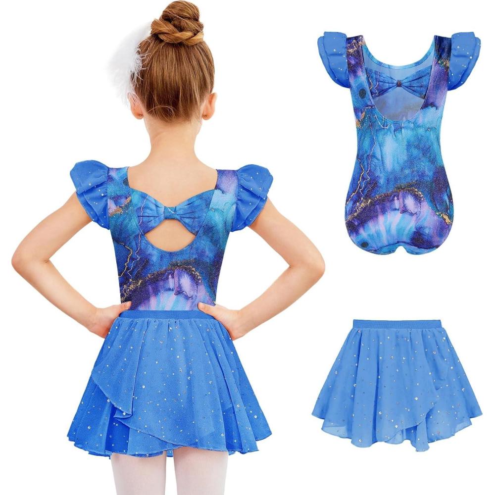 imageZaclotre Ballet Leotards for Girls with Removable Skirt Toddler Ruffle Sleeve Bow Back Dance Dress ComboBlue Marble
