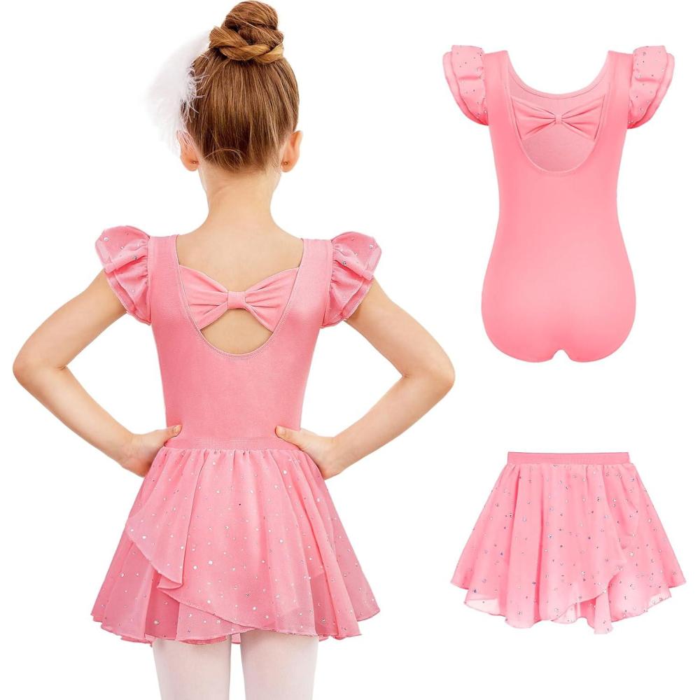 imageZaclotre Ballet Leotards for Girls with Removable Skirt Toddler Ruffle Sleeve Bow Back Dance Dress ComboDark Pink