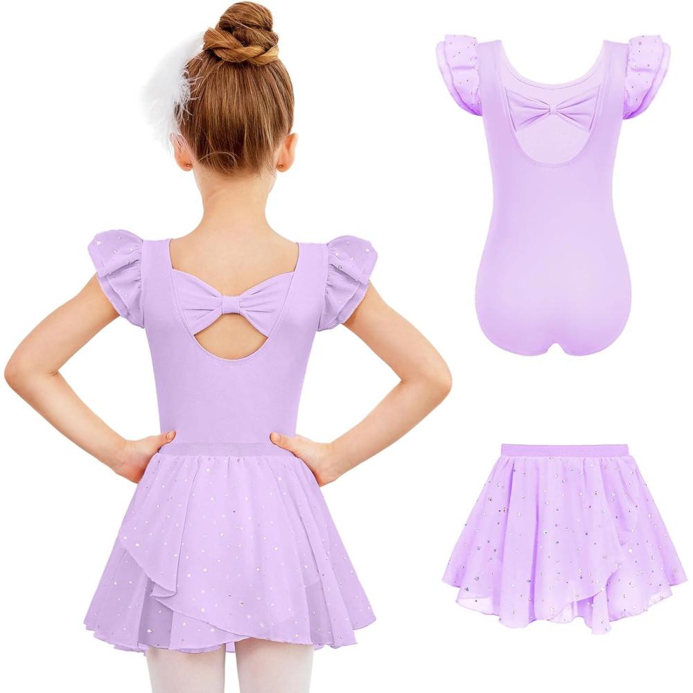 imageZaclotre Ballet Leotards for Girls with Removable Skirt Toddler Ruffle Sleeve Bow Back Dance Dress ComboLilac