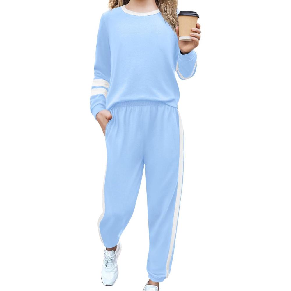 imageZaclotre Girls 2 Piece Outfit Fall Long Sleeve Sweatshirt and Jogger Pants with Pockets Kids Tracksuit Sweatsuit SetLight Blue