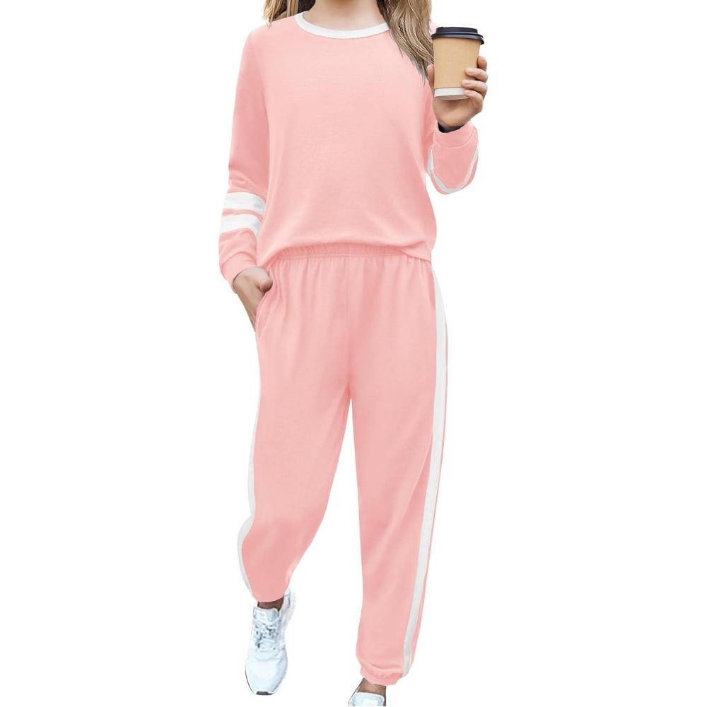 imageZaclotre Girls 2 Piece Outfit Fall Long Sleeve Sweatshirt and Jogger Pants with Pockets Kids Tracksuit Sweatsuit SetLight Pink