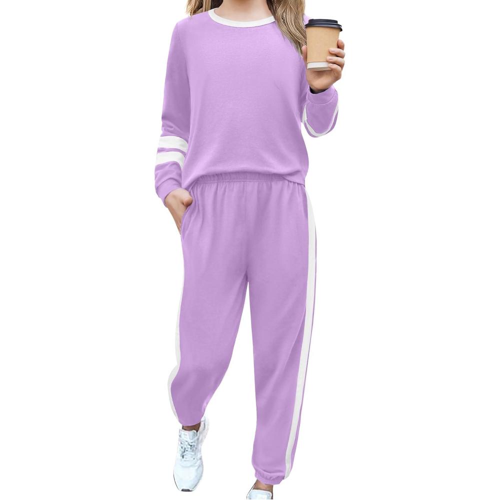 imageZaclotre Girls 2 Piece Outfit Fall Long Sleeve Sweatshirt and Jogger Pants with Pockets Kids Tracksuit Sweatsuit SetLight Purple