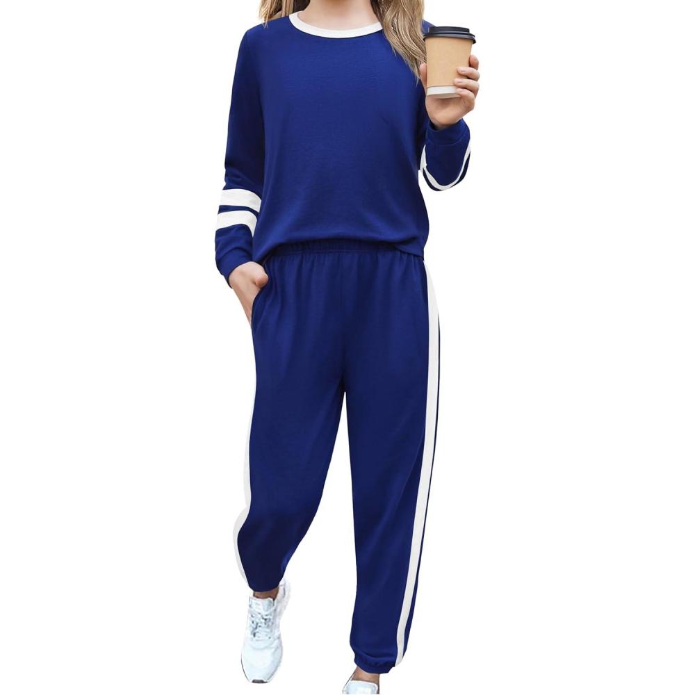 imageZaclotre Girls 2 Piece Outfit Fall Long Sleeve Sweatshirt and Jogger Pants with Pockets Kids Tracksuit Sweatsuit SetNavy Blue