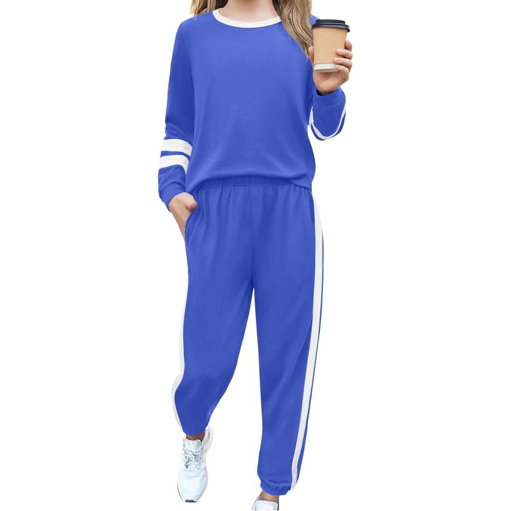 imageZaclotre Girls 2 Piece Outfit Fall Long Sleeve Sweatshirt and Jogger Pants with Pockets Kids Tracksuit Sweatsuit SetRoyal Blue