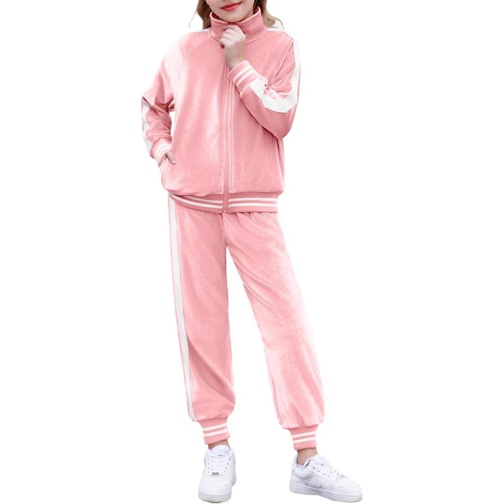 imageZaclotre Girls 2 Piece Outfits Velour Tracksuit Zip Up Sweatshirt and Jogger Sweatpants Fall Winter Sweatsuits SetPink