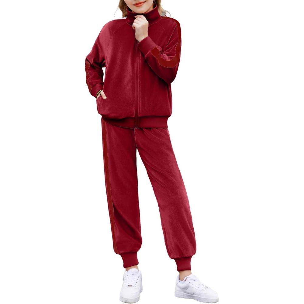 imageZaclotre Girls 2 Piece Outfits Velour Tracksuit Zip Up Sweatshirt and Jogger Sweatpants Fall Winter Sweatsuits SetRed