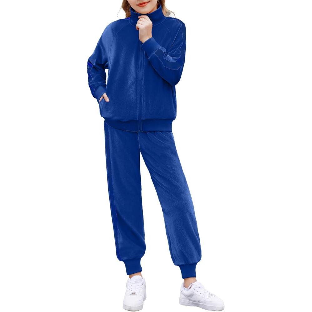 imageZaclotre Girls 2 Piece Outfits Velour Tracksuit Zip Up Sweatshirt and Jogger Sweatpants Fall Winter Sweatsuits SetRoyal Blue