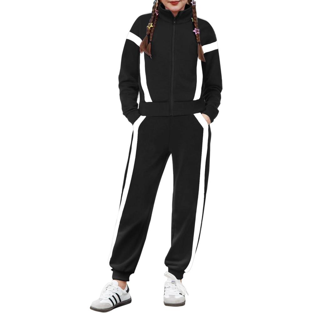 imageZaclotre Girls 2 Piece Outfits Zip Up Sweatsuit Contrast Striped Sweatshirt Sweatpant Sets Jogging Track SuitBlack