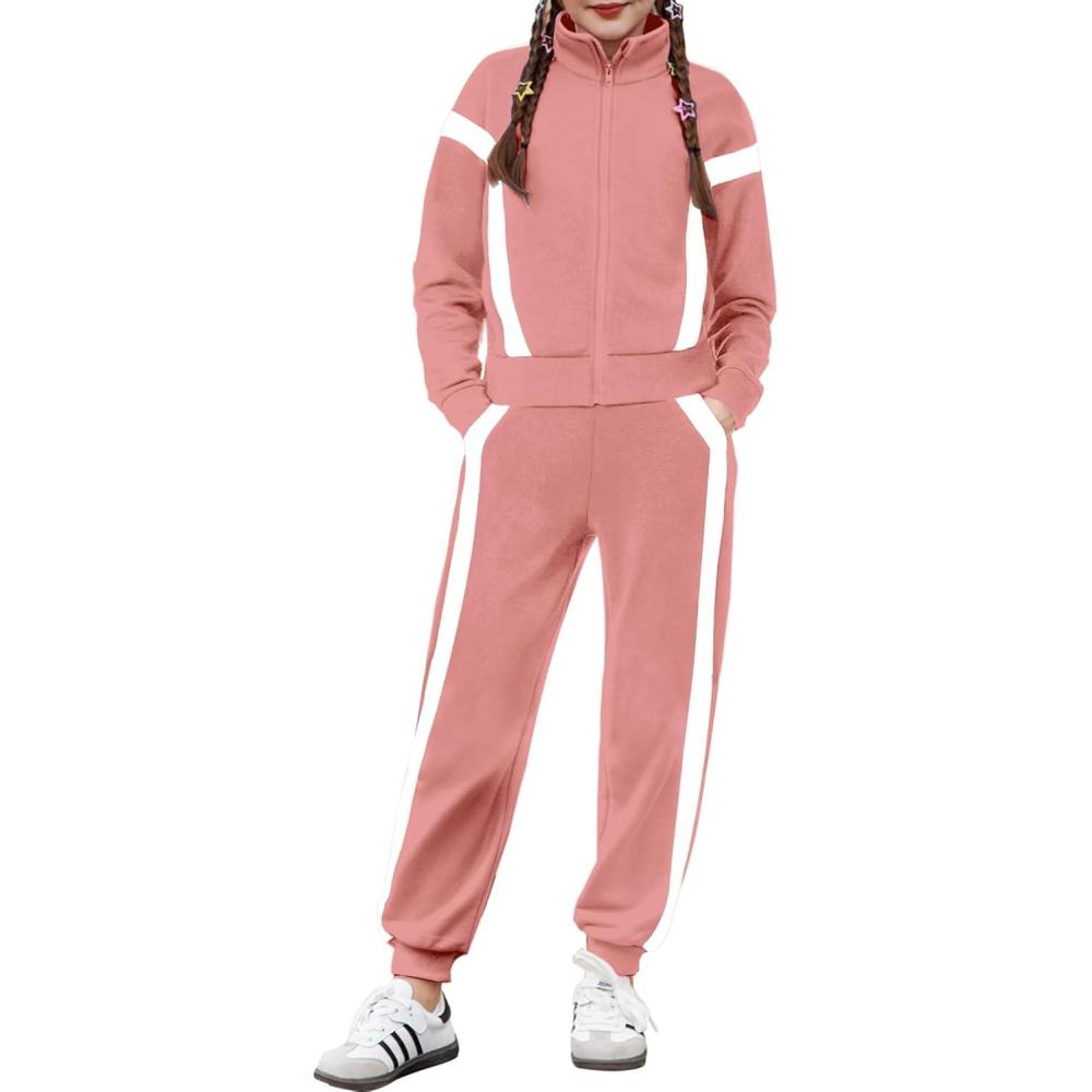 imageZaclotre Girls 2 Piece Outfits Zip Up Sweatsuit Contrast Striped Sweatshirt Sweatpant Sets Jogging Track SuitCoral Pink