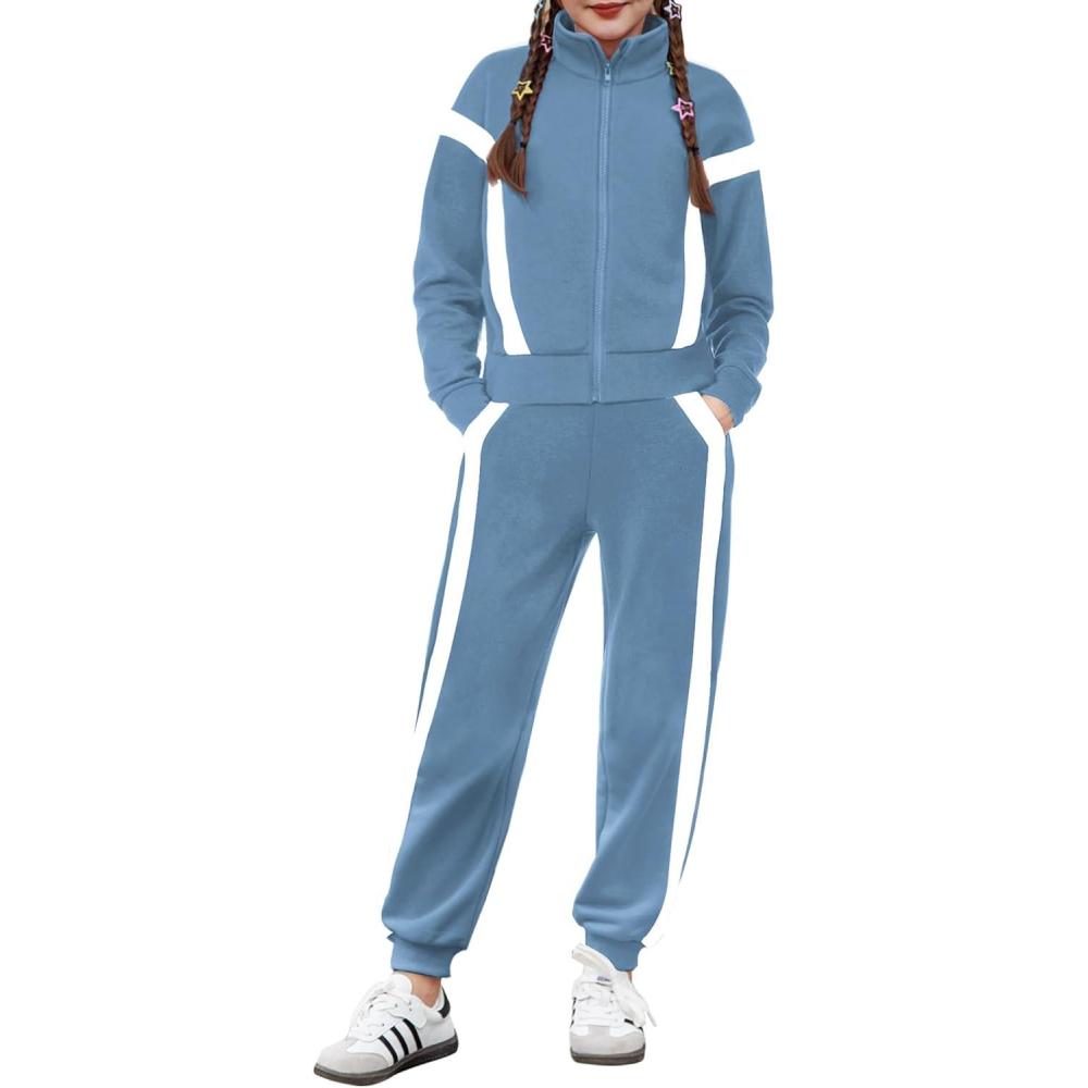 imageZaclotre Girls 2 Piece Outfits Zip Up Sweatsuit Contrast Striped Sweatshirt Sweatpant Sets Jogging Track SuitGray Blue