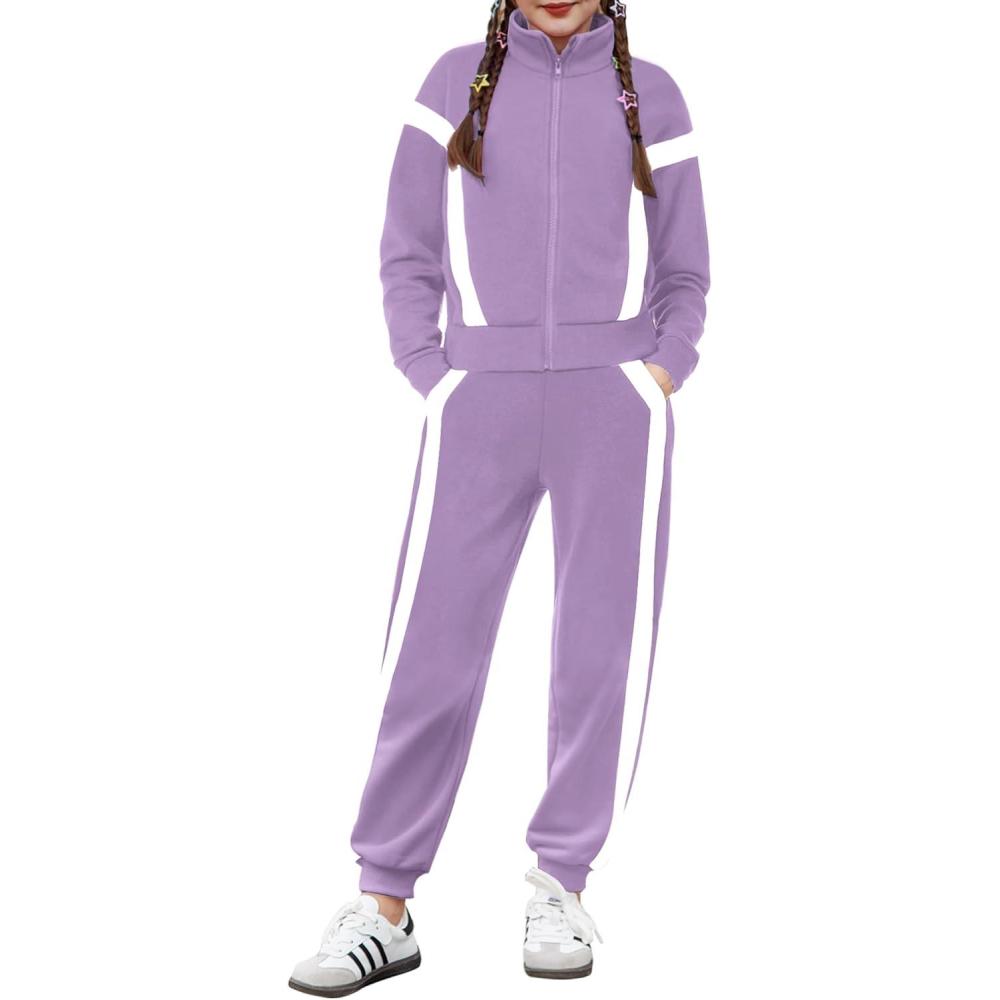 imageZaclotre Girls 2 Piece Outfits Zip Up Sweatsuit Contrast Striped Sweatshirt Sweatpant Sets Jogging Track SuitPurple