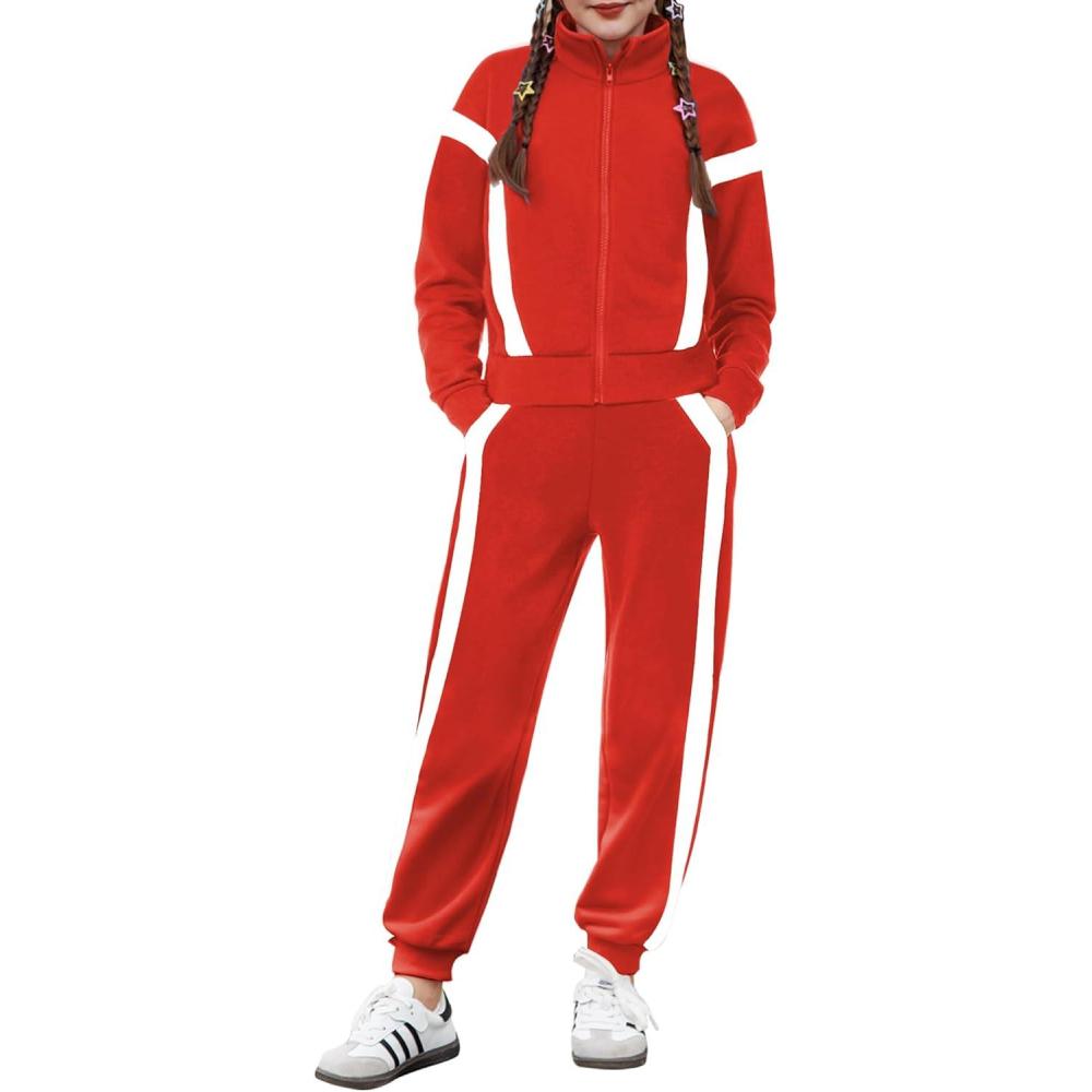 imageZaclotre Girls 2 Piece Outfits Zip Up Sweatsuit Contrast Striped Sweatshirt Sweatpant Sets Jogging Track SuitRed
