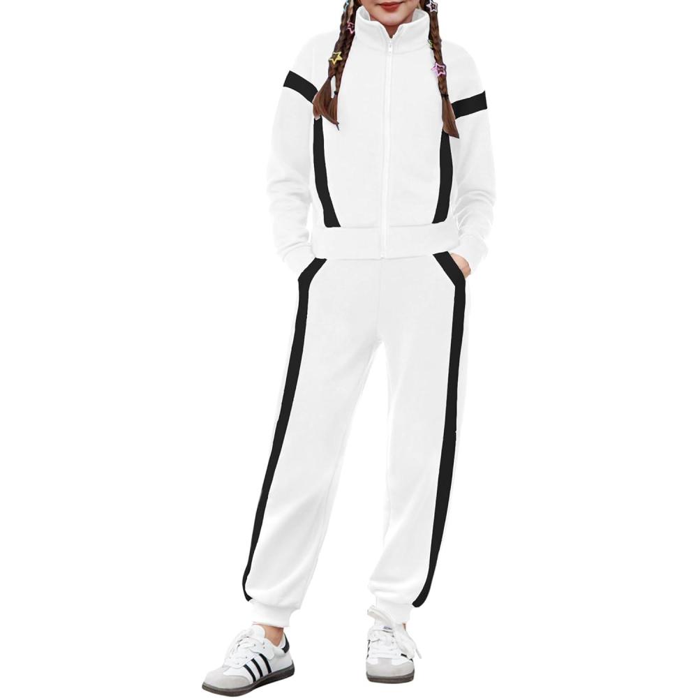 imageZaclotre Girls 2 Piece Outfits Zip Up Sweatsuit Contrast Striped Sweatshirt Sweatpant Sets Jogging Track SuitWhite