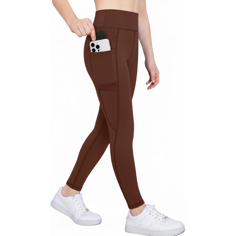 imageZaclotre Girls Athletic Leggings with 4 Pockets High Waist Tights Kids Workout Yoga Pants for Running DanceBrowm