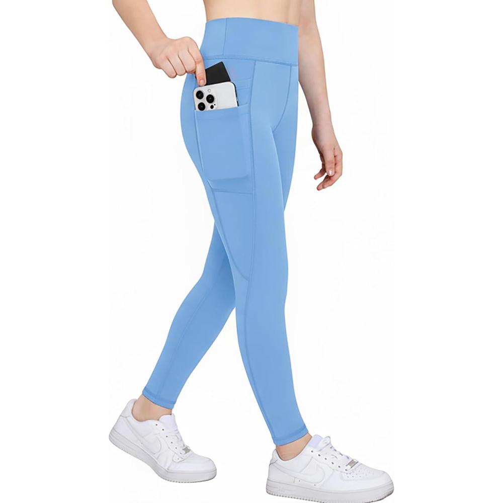imageZaclotre Girls Athletic Leggings with 4 Pockets High Waist Tights Kids Workout Yoga Pants for Running DanceLight Blue