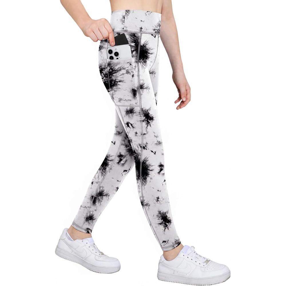 imageZaclotre Girls Athletic Leggings with 4 Pockets High Waist Tights Kids Workout Yoga Pants for Running DanceTie Dye Black and White